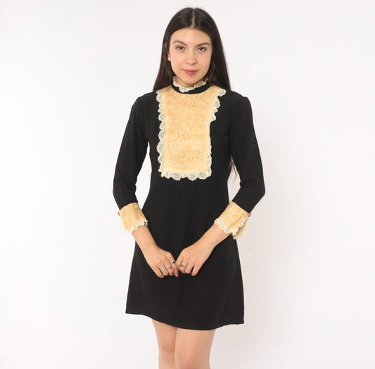 60s Black Mini Shift Dress Cream Lace Bib Mock Neck Ruffle Cuff Extra Small