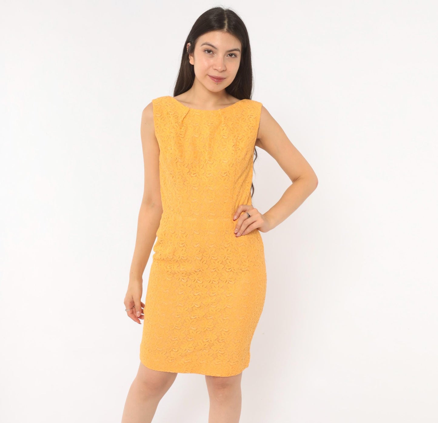 60s Golden Orange Lace Sheath Dress Boat Neck Sleeveless Knee Length Small