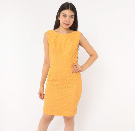 60s Golden Orange Lace Sheath Dress Boat Neck Sleeveless Knee Length Small