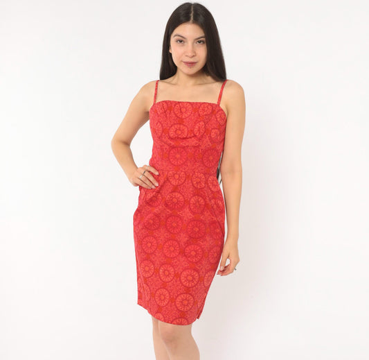 60s Medallion Print Sundress Red Orange Square Neckline Fitted Bodice Small