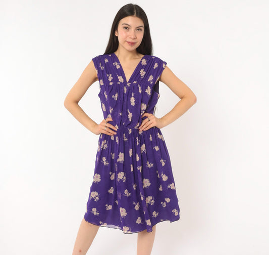 Anna Sui 2000s Purple Silk Dress Daisy Floral V-Neck Cap Sleeve Medium M