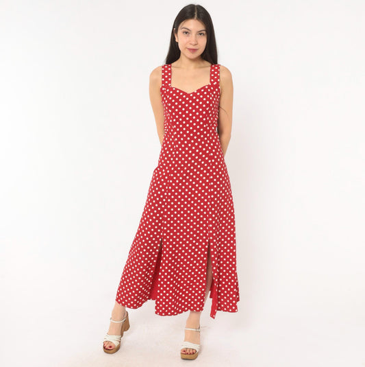 90s Gaccina Red White Polka Dot Midi Sundress Sweetheart Neckline Extra Small XS