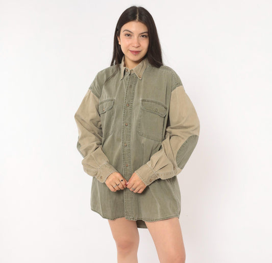 90s Redhead Two-Tone Corduroy Button-Up Shirt Olive Tan Large L
