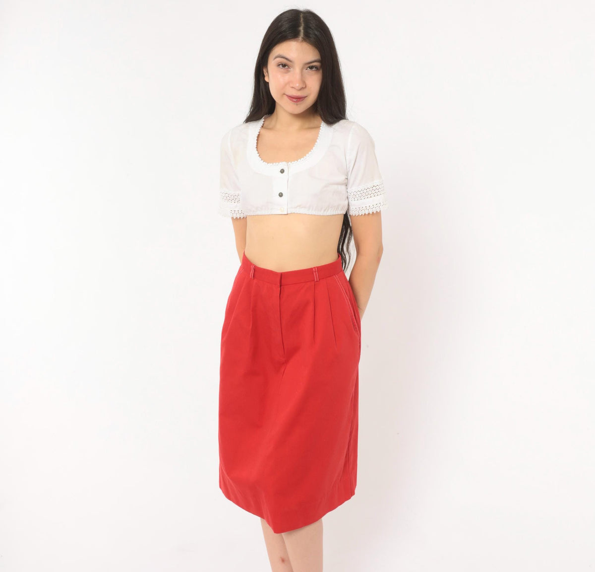 80s Country Suburbans Red Pleated Pencil Skirt Knee Length High Waist Extra Small