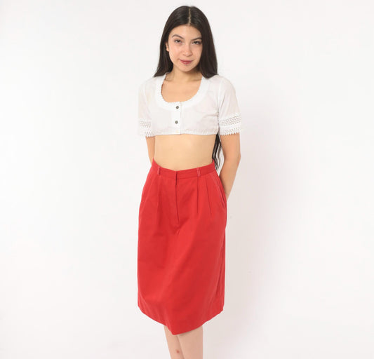 80s Country Suburbans Red Pleated Pencil Skirt Knee Length High Waist Extra Small