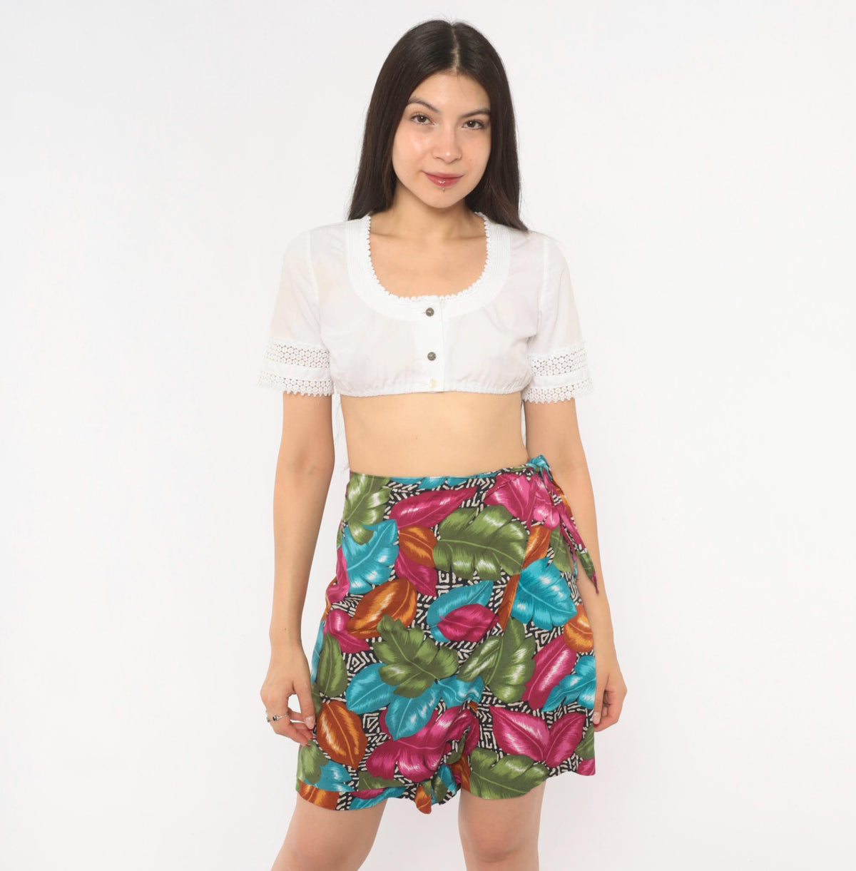 90s Cristin Stevens Tropical Leaf Wrap Skort Magenta Teal Mini Extra Large XL