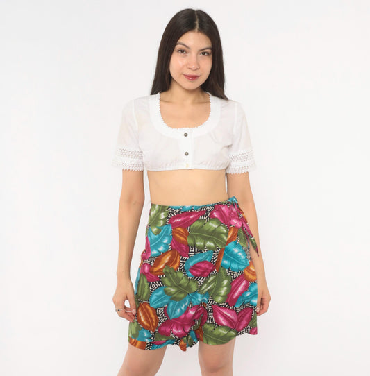 90s Cristin Stevens Tropical Leaf Wrap Skort Magenta Teal Mini Extra Large XL