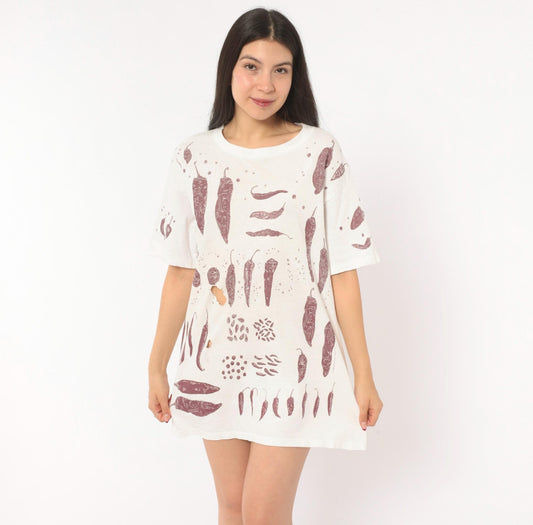 90s Chili Pepper Print Cotton Tee Burgundy White Botanical Graphic Large L