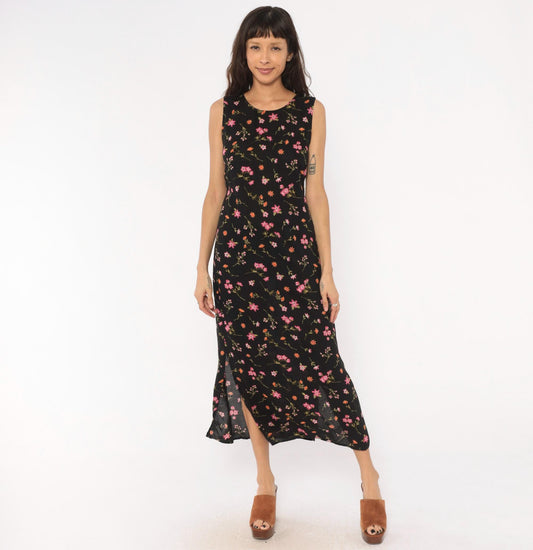 90s Casual Corner Annex Black Floral Maxi Dress Sleeveless Small