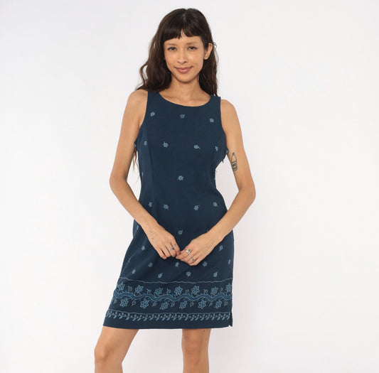 90s DBY Navy Shift Dress Embroidered Floral Border Sleeveless Medium M