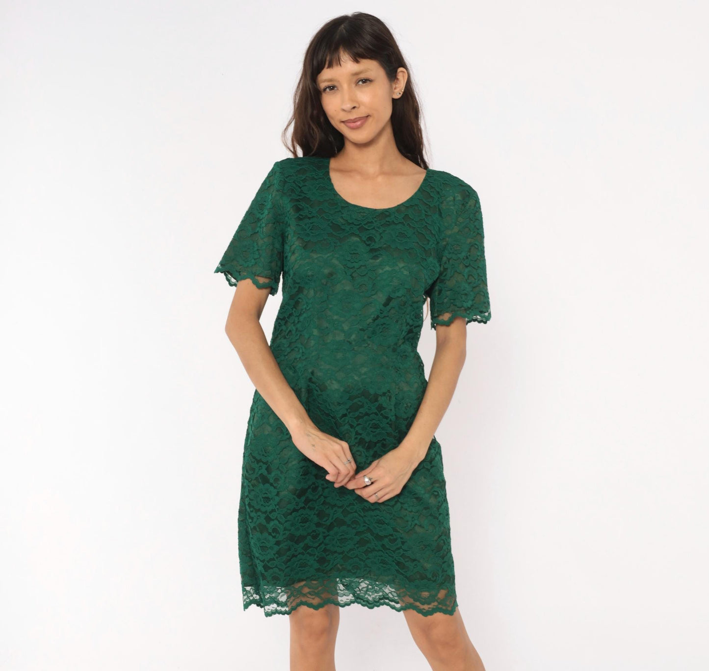90s My Michelle Emerald Lace Dress Scalloped Short Sleeve Floral Overlay Large L