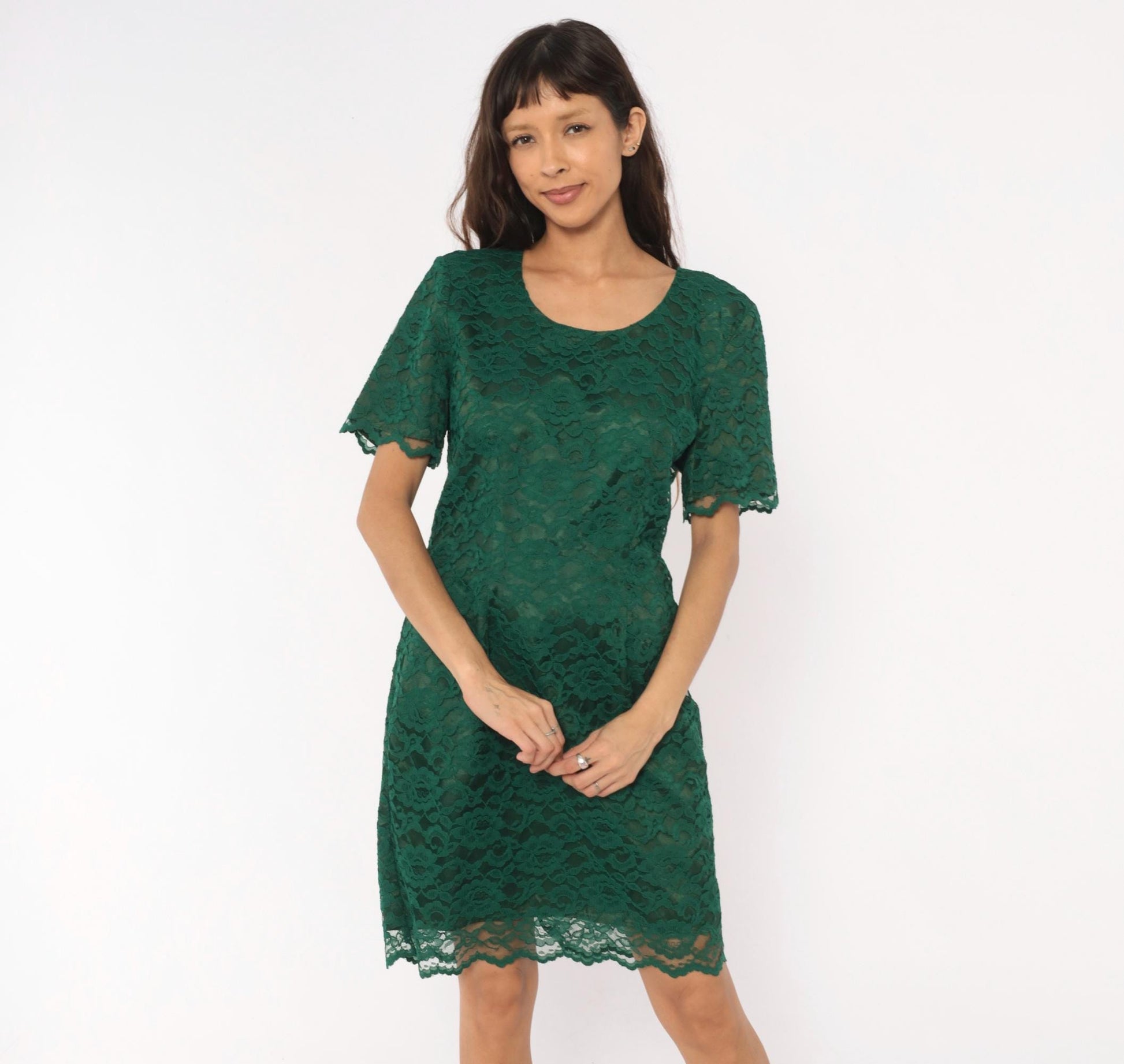 90s My Michelle Emerald Lace Dress Scalloped Short Sleeve Floral Overlay Large L