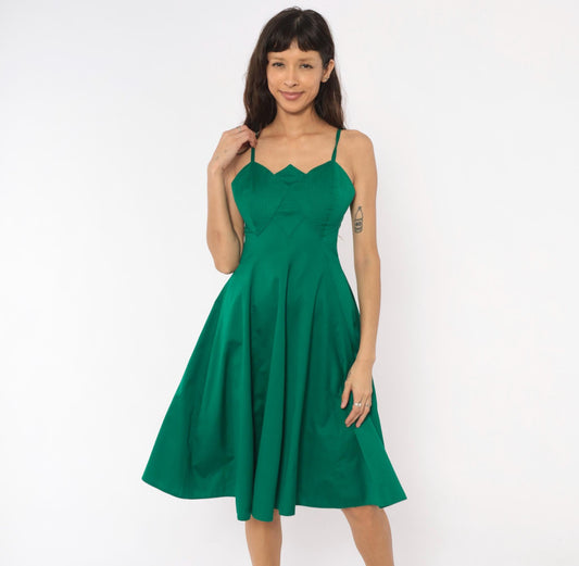 90s Emerald Bustier Sundress Sweetheart Neckline Cotton Spaghetti Strap Small