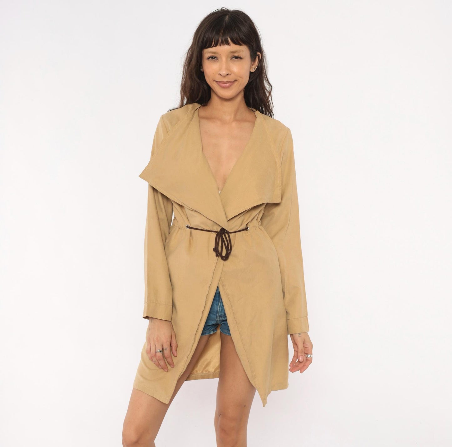 Y2K Tan Draped Waterfall Collar Trench Coat Knee-Length Medium M