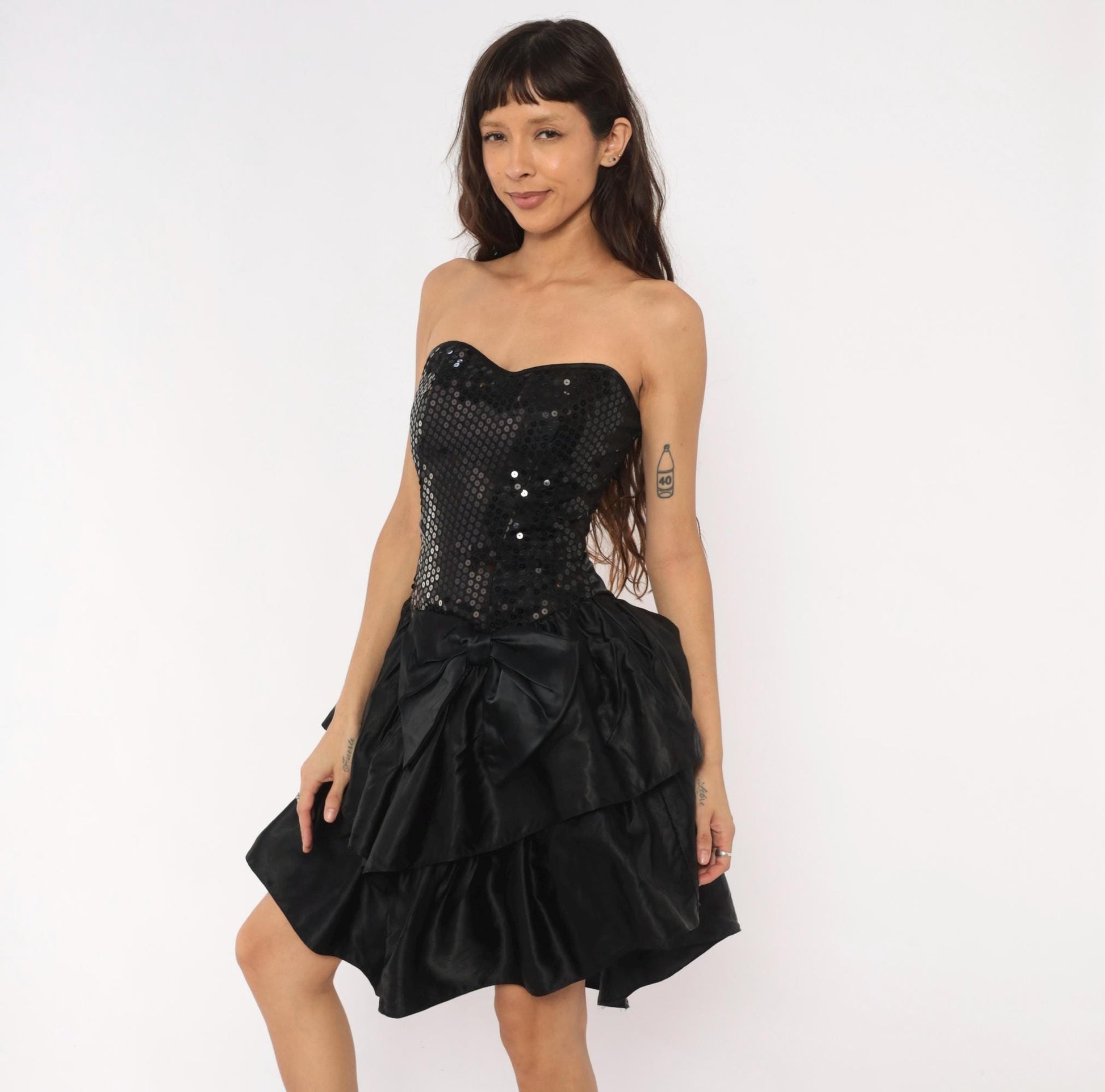 90s Roberta Black Sequin Strapless Mini Dress Sweetheart Neckline XS