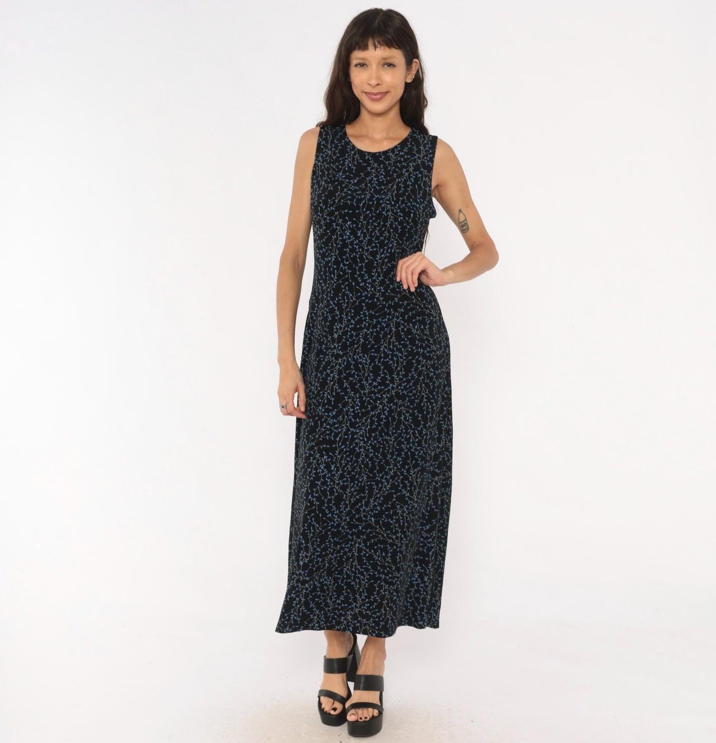 90s Black Vine Print Maxi Dress Blue Leaf Scoop Neck Tank Medium Large