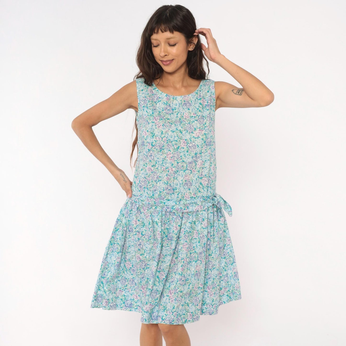 90s Laura Ashley Floral Cotton Sundress Drop Waist Knee-Length Small