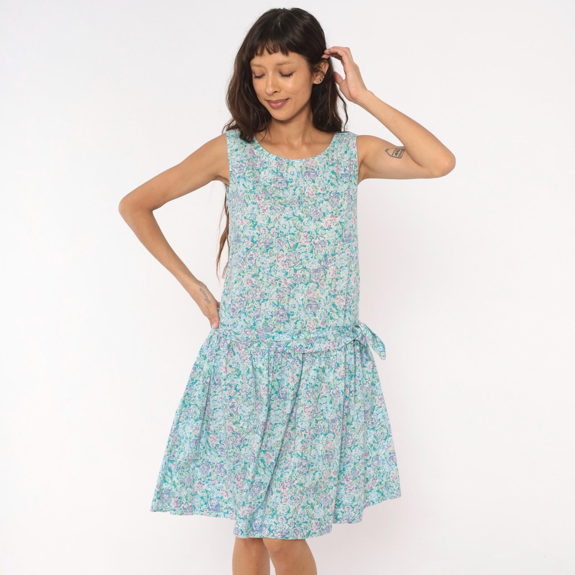 90s Laura Ashley Floral Cotton Sundress Drop Waist Knee-Length Small