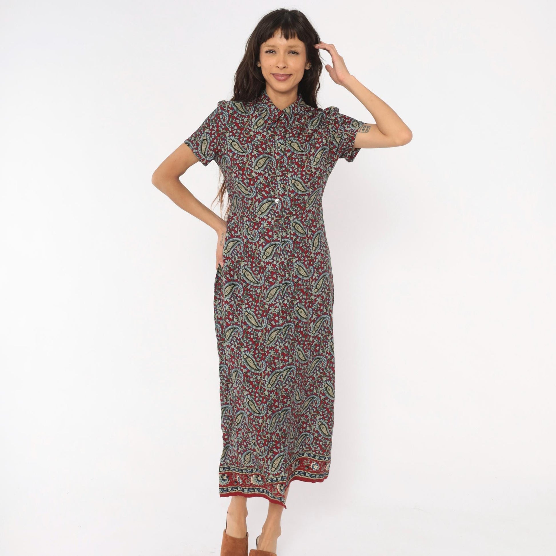 90s Crazy Horse Paisley Maxi Shirtdress Burgundy Small S