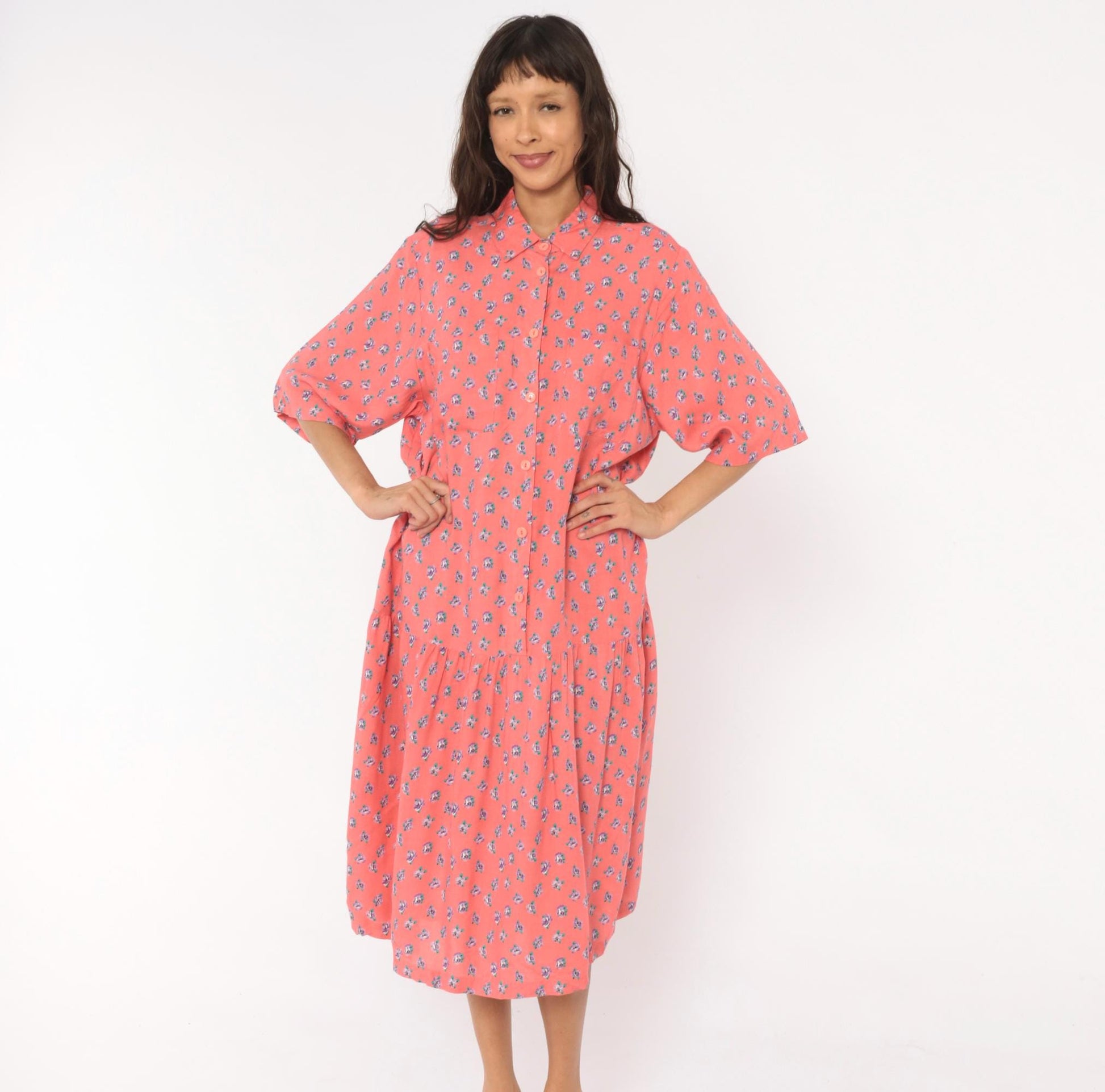 90s Mothercare Maternity Coral Rose Print Midi Dress Button Front Large L