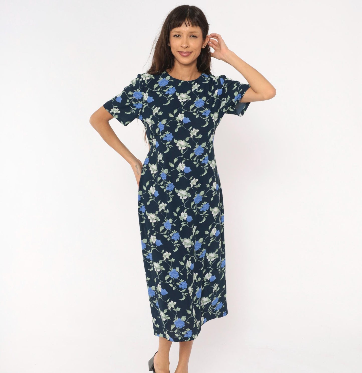 90s J.E. Fashion Floral Midi Dress Navy Blue Rose Print Short Sleeve Medium M