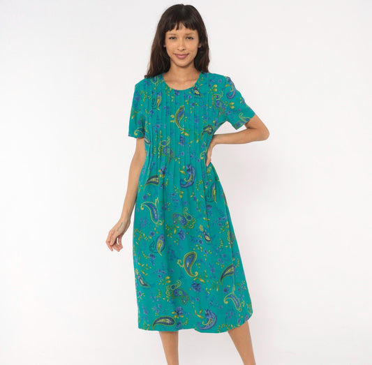 90s Miss Dorby Paisley Pintuck Midi Dress Teal Floral Cotton Medium M