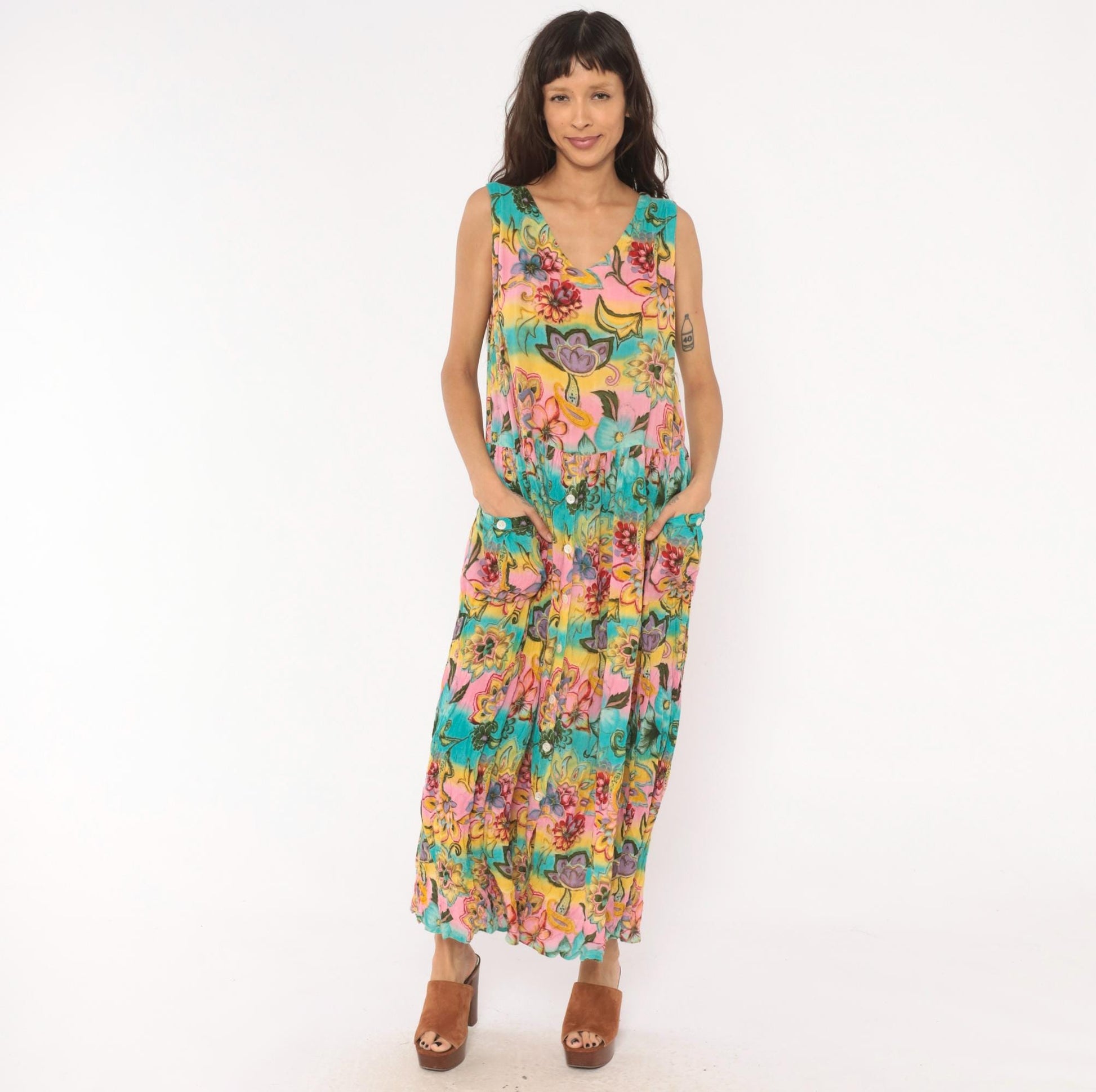 Y2K Bila Floral Maxi Dress Sleeveless V-Neck Tiered Pink Teal Yellow Medium M