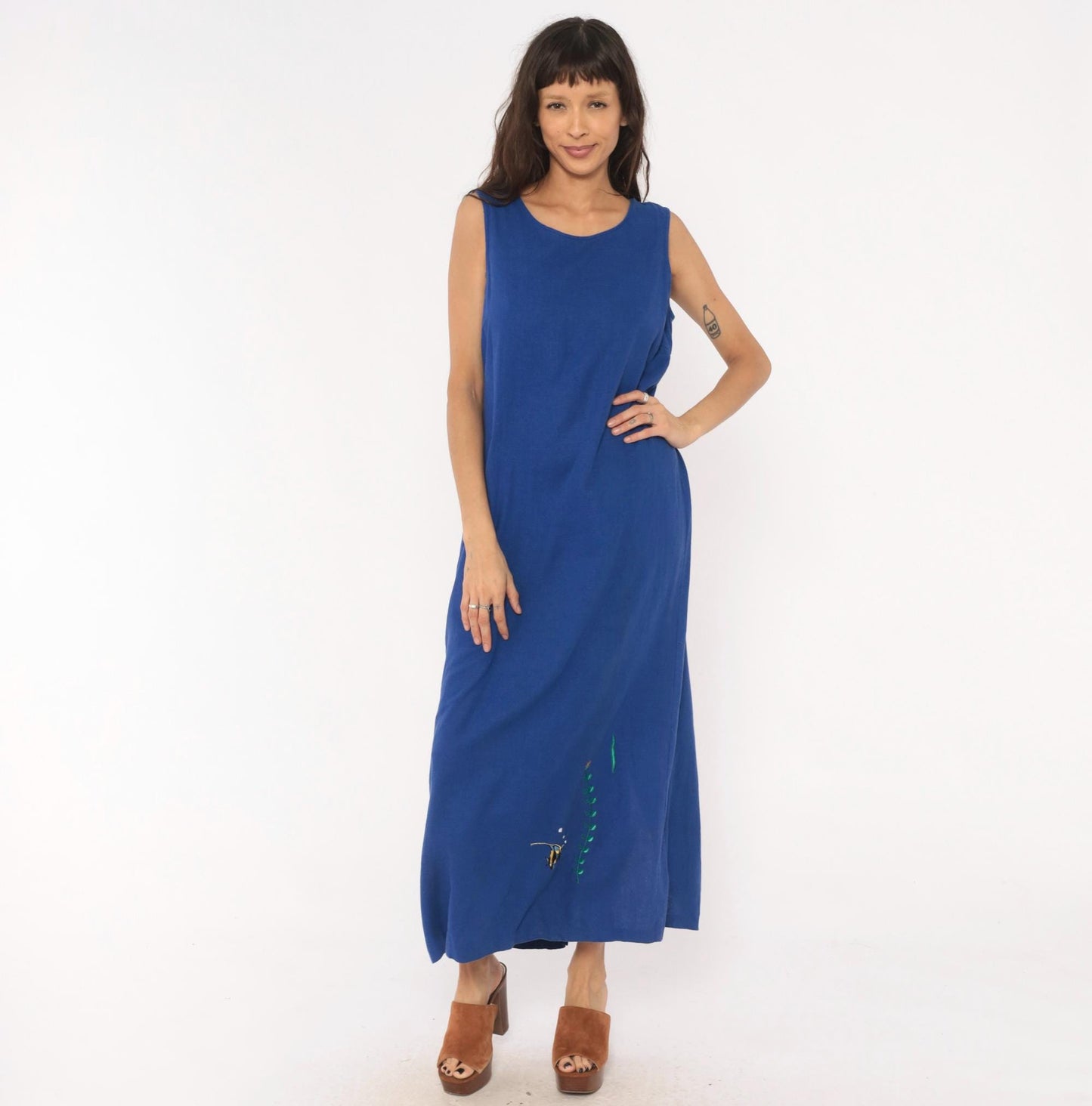 90s Ultra Dress Cobalt Linen Maxi Dress Angelfish Embroidered Medium Large
