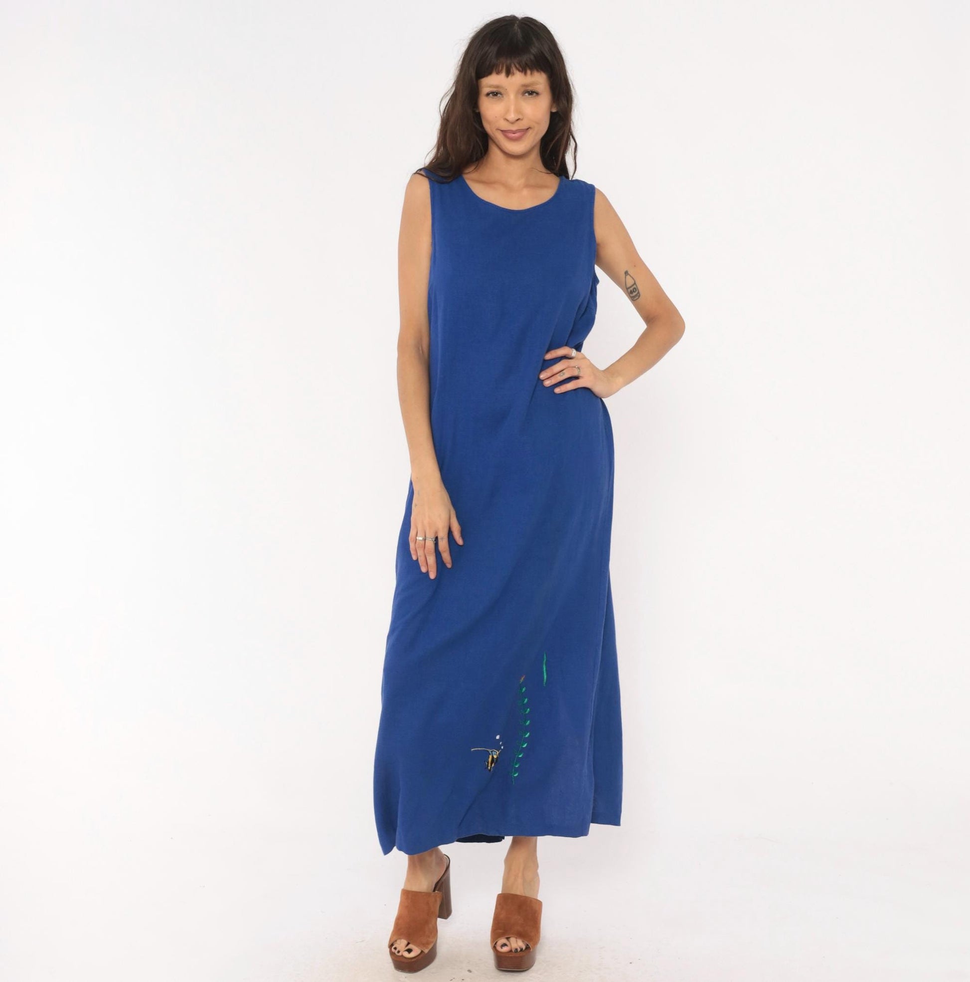 90s Ultra Dress Cobalt Linen Maxi Dress Angelfish Embroidered Medium Large