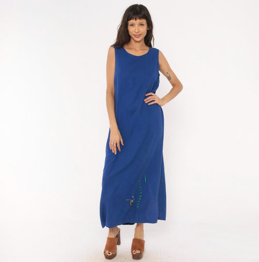 90s Ultra Dress Cobalt Linen Maxi Dress Angelfish Embroidered Medium Large