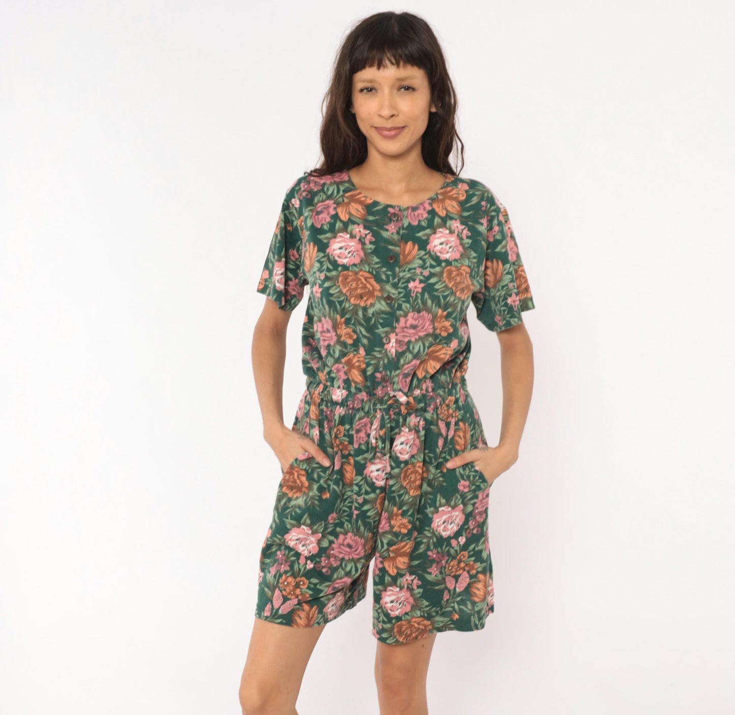 90s Shenanigans Floral Romper Green Pink Rose Drawstring Waist Medium M