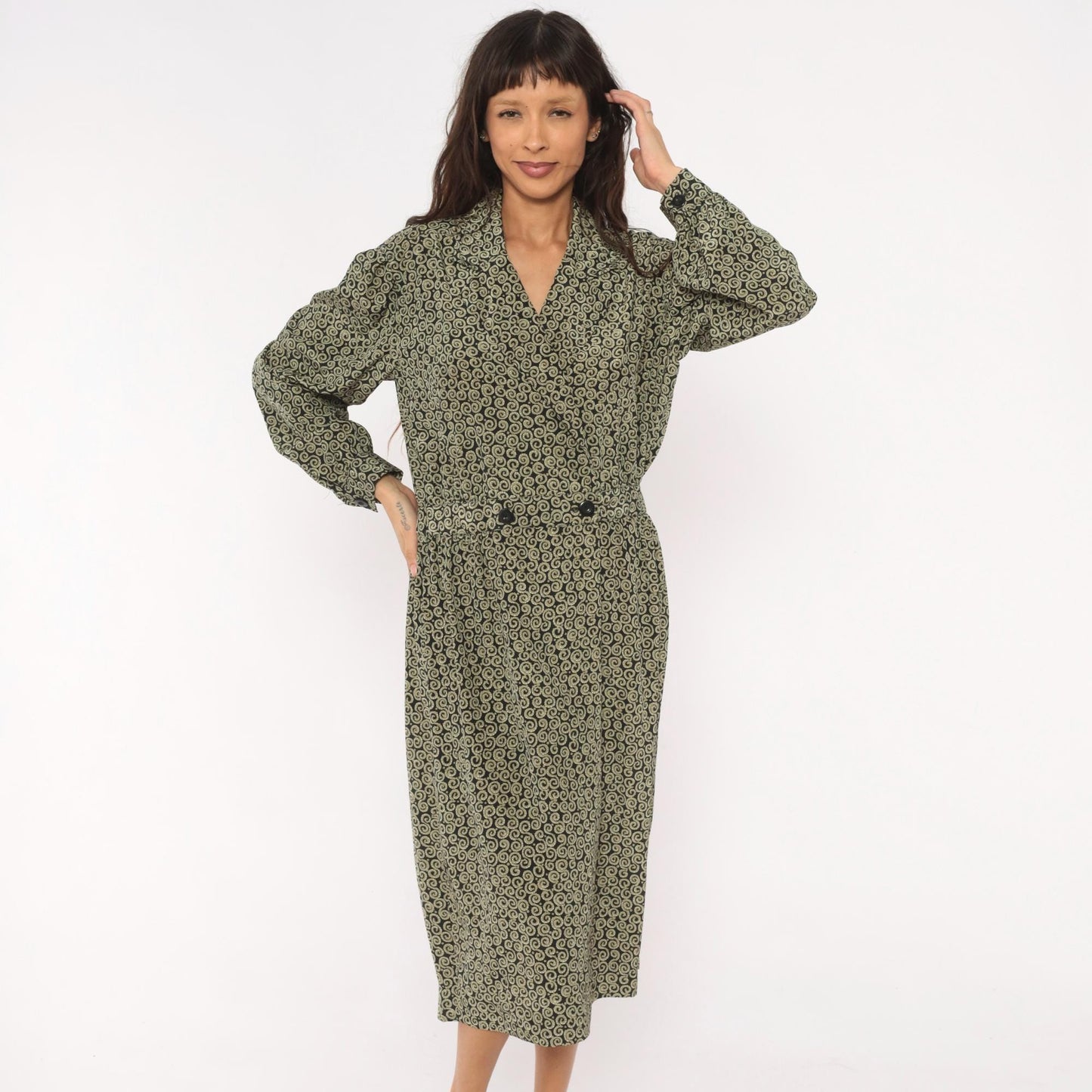 90s Liz Claiborne Navy Olive Scroll Print Midi Shirtdress Large L