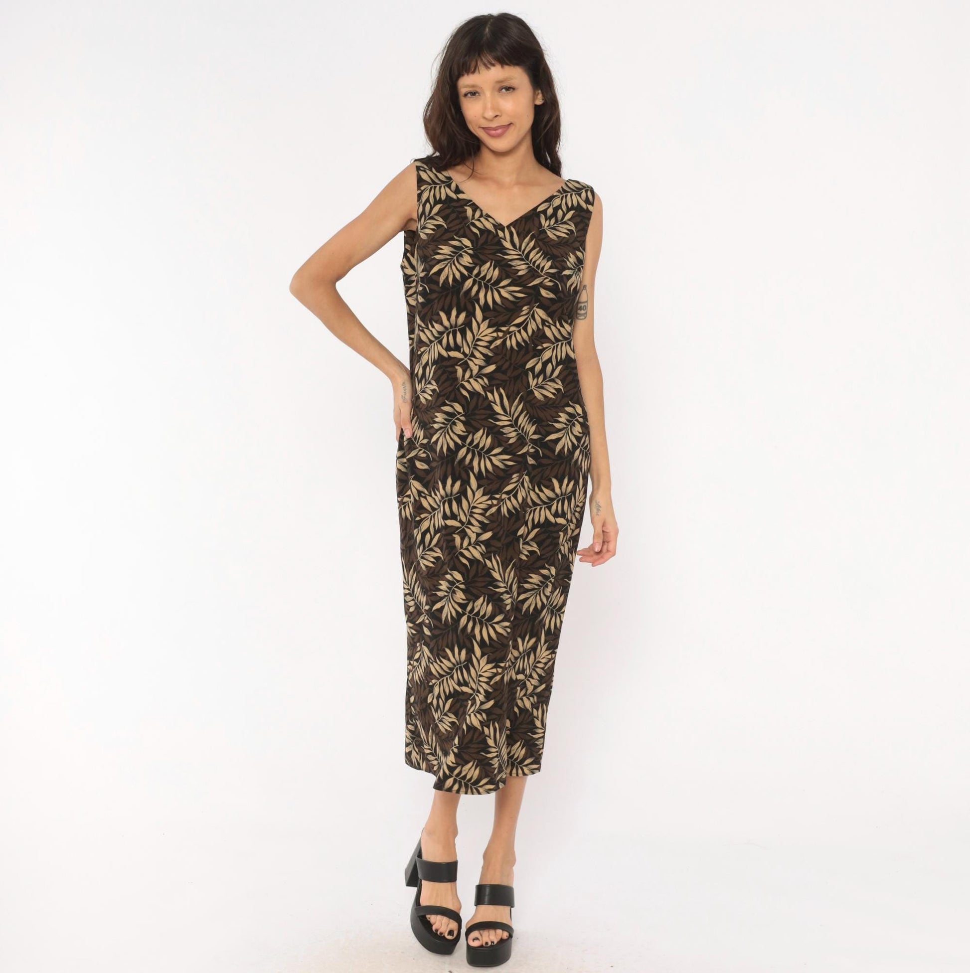 90s Studio I Tropical Leaf Print Midi Dress Sleeveless V-Neck Black Large L