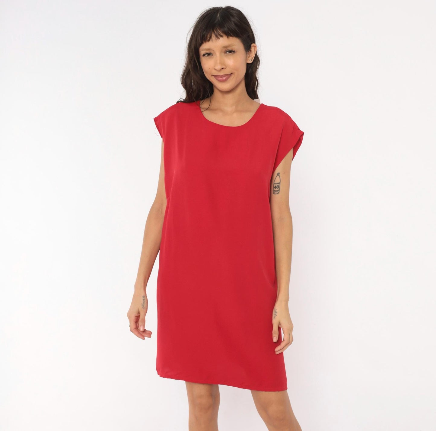90s Red Shift Dress Cap Sleeve Knee-Length Scoop Neckline Large L