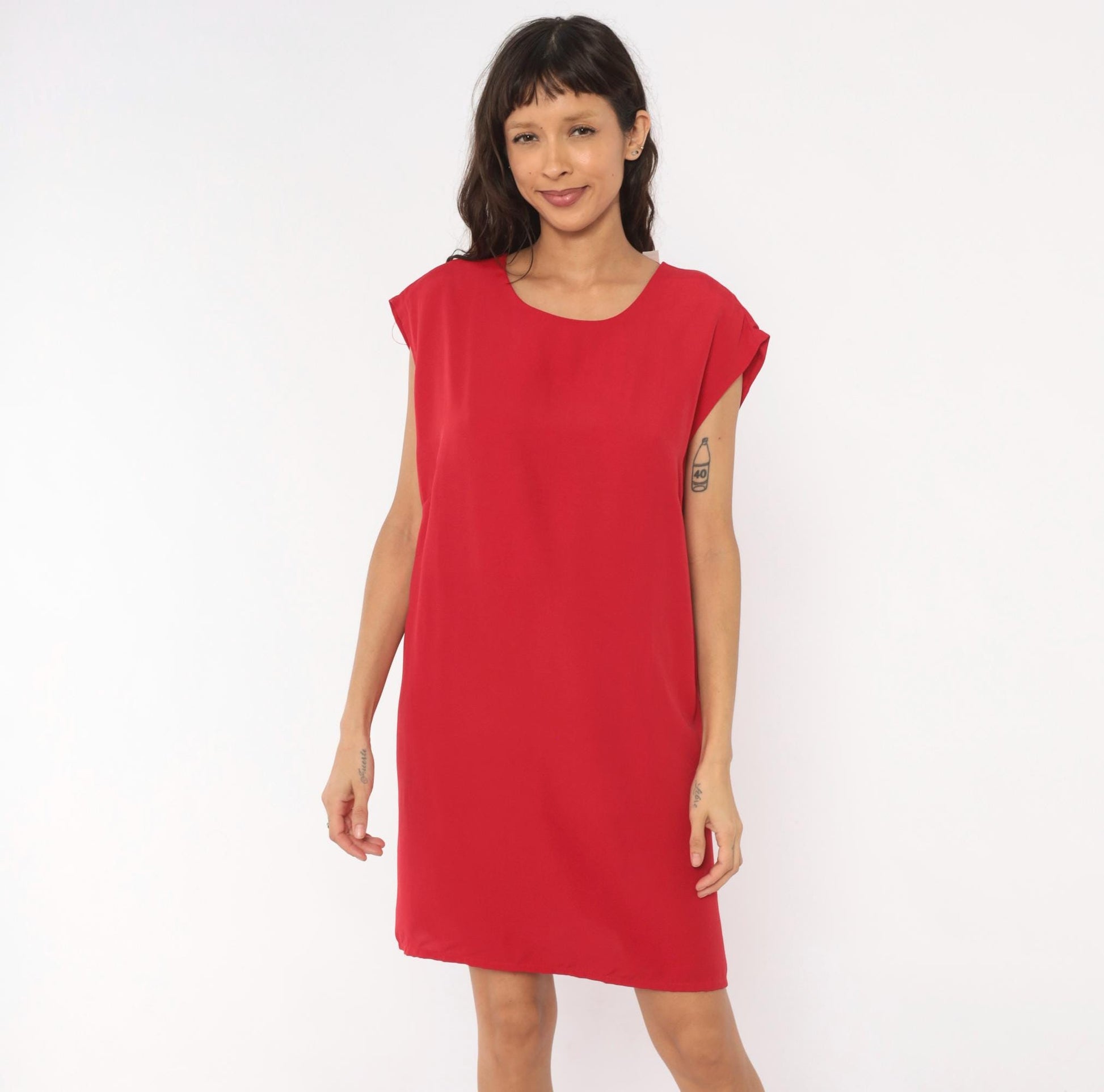 90s Red Shift Dress Cap Sleeve Knee-Length Scoop Neckline Large L