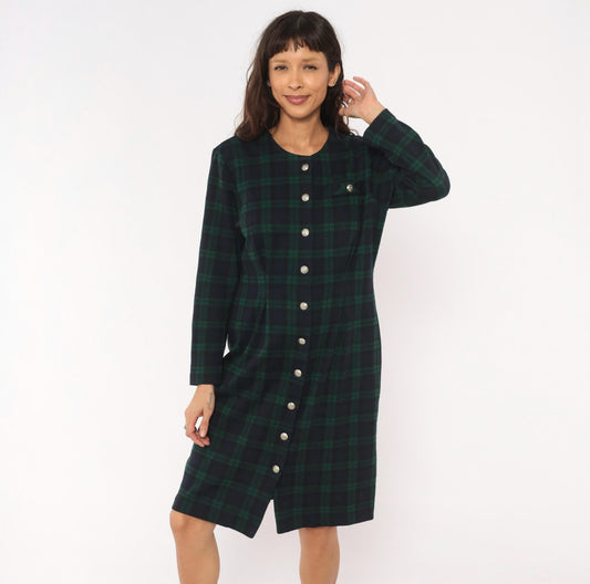 90s Miss Dorby Tartan Plaid Button-Front Shirtdress Navy Teal Cotton Large L
