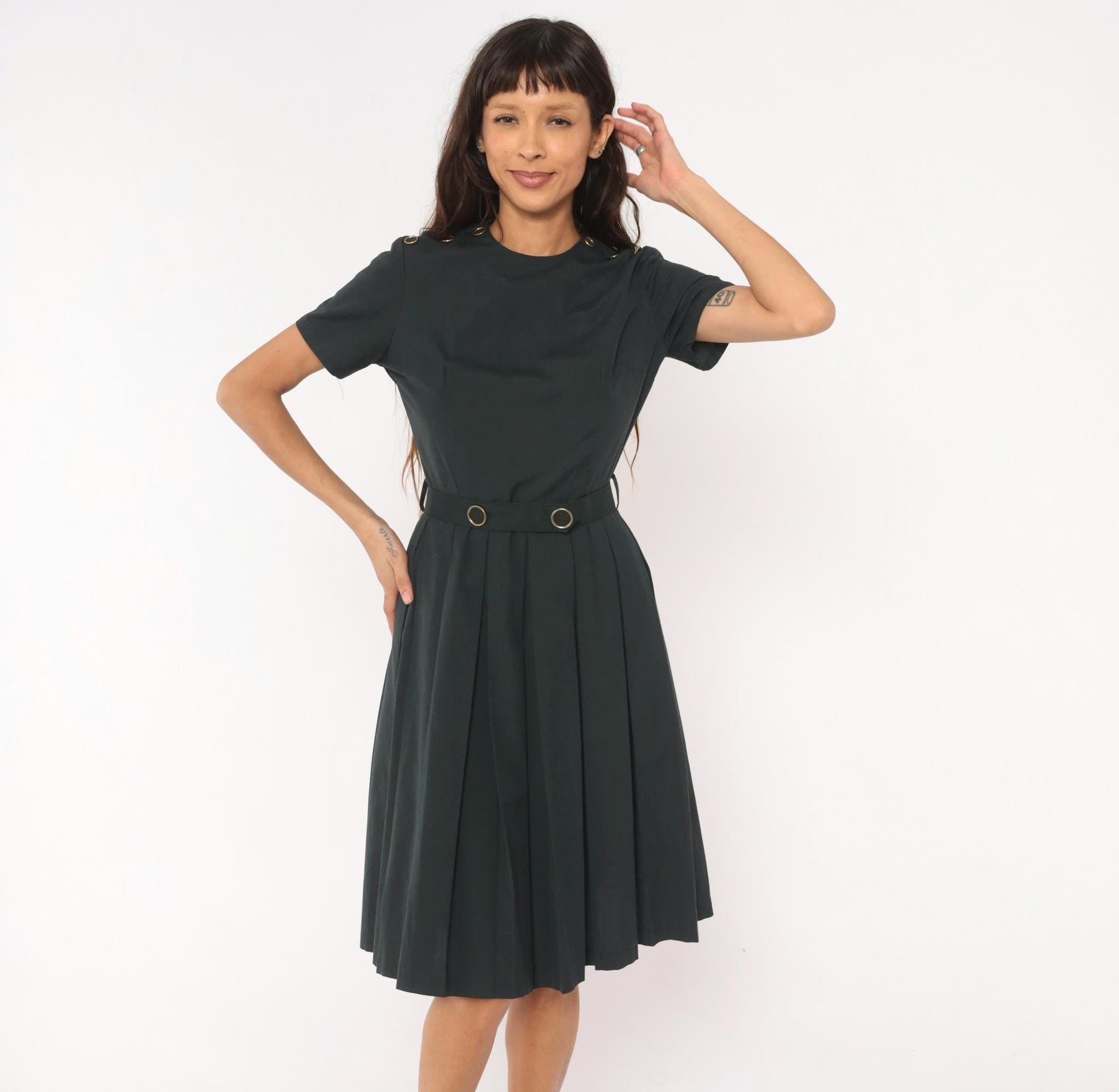 60s Charcoal Pleated A-Line Dress Gold Grommet Detail Cotton Small