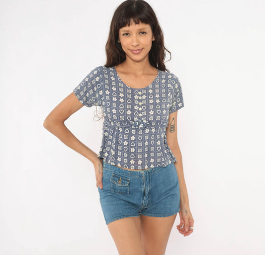 80s New Moves Hearts Flowers Grid Print Blouse Blue White Peplum Crop Extra Small XS