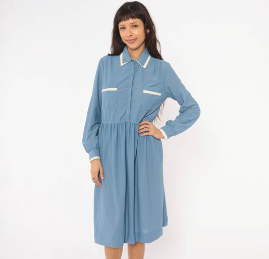 70s Stellas Powder Blue Shirt Dress Gathered Waist Knee Length Medium M