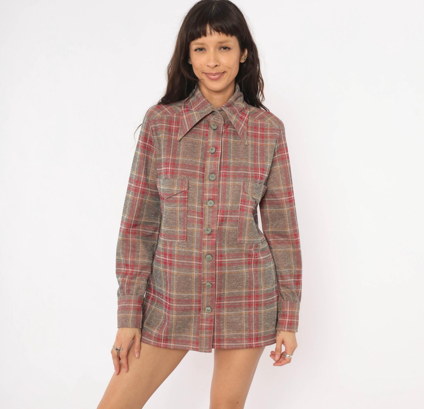 70s Plaid Shirt Jacket Grey Red Pointed Collar Button Front Medium