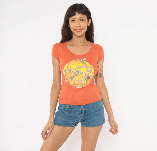 70s You Babes Cat Graphic Tee Orange Scoop Neck Cotton Small