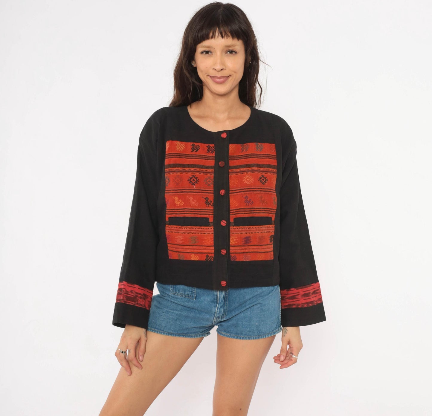 90s Black Cotton Ikat Woven Jacket Red Geometric Folk Art Medium M