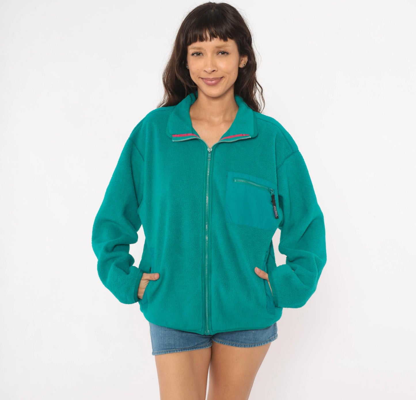 90s Patagonia Teal Fleece Full Zip Jacket Pink Trim Large L