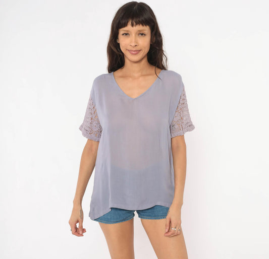 90s Marisol Lavender Crochet Sleeve Blouse Semi Sheer V-Neck Small