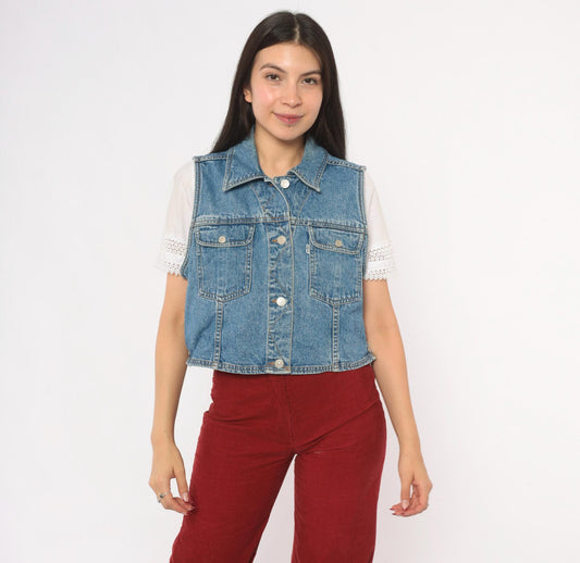 90s Levi's Denim Vest Medium Wash Button Front Cropped Waistcoat Medium M