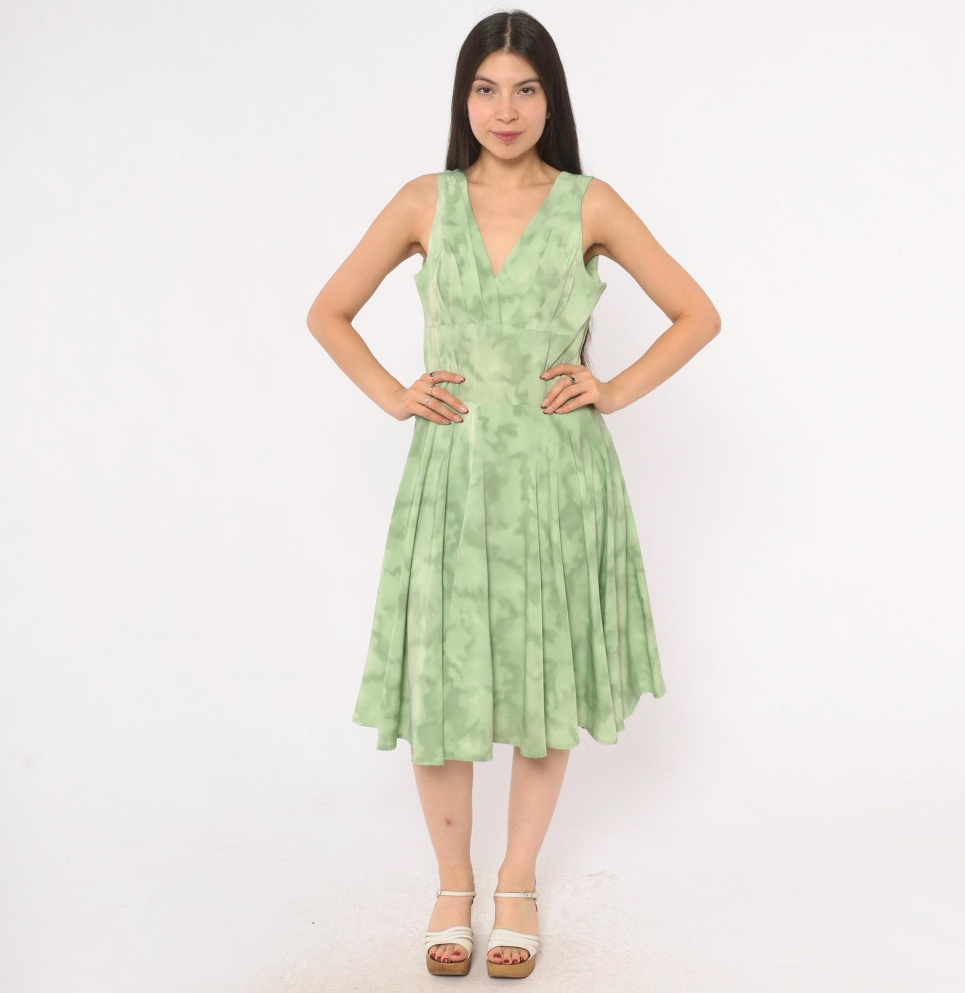 80s Sage Mint Tie Dye Sleeveless V-Neck Dress Pleated Knee Length Large