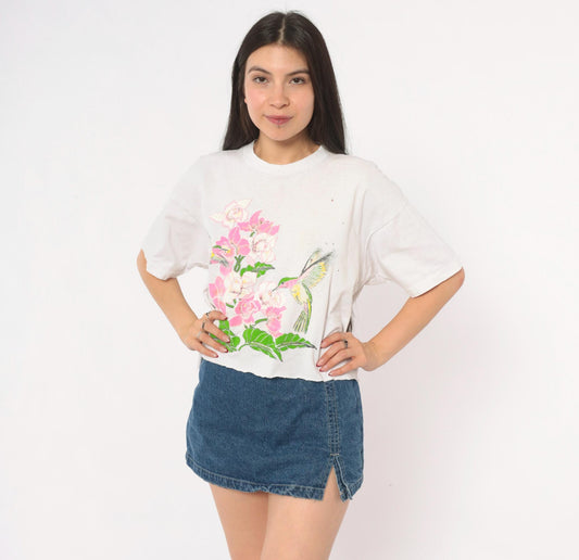 90s Salem Sportswear Hummingbird Floral Crop Top White Cotton Graphic Tee Large