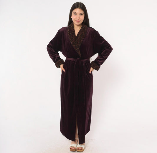 90s Plum Velvet Robe Shawl Collar Paisley Satin Lined Maxi Medium M