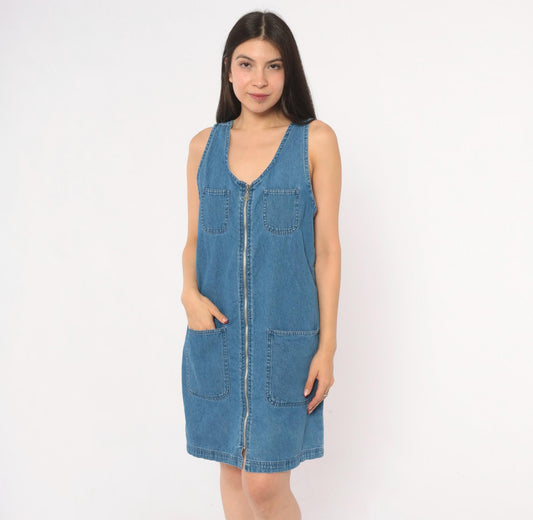 90s Premier Denim Jumper Dress Zip Front Mini Blue Cotton Medium M