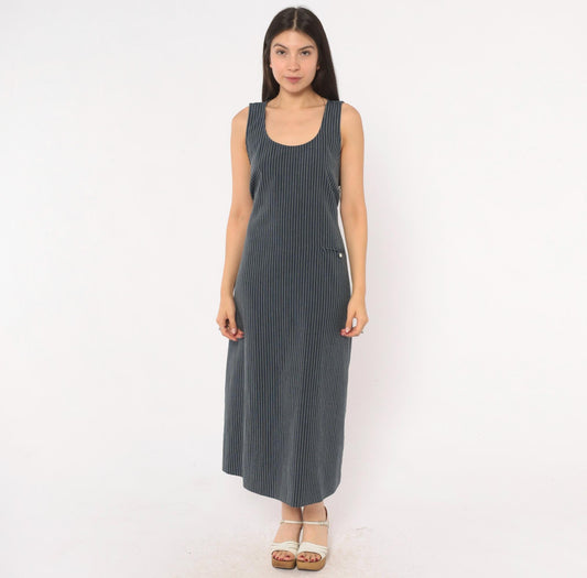 90s Motherhood Navy Pinstripe Maxi Dress Sleeveless A-Line Tie-Back Medium M